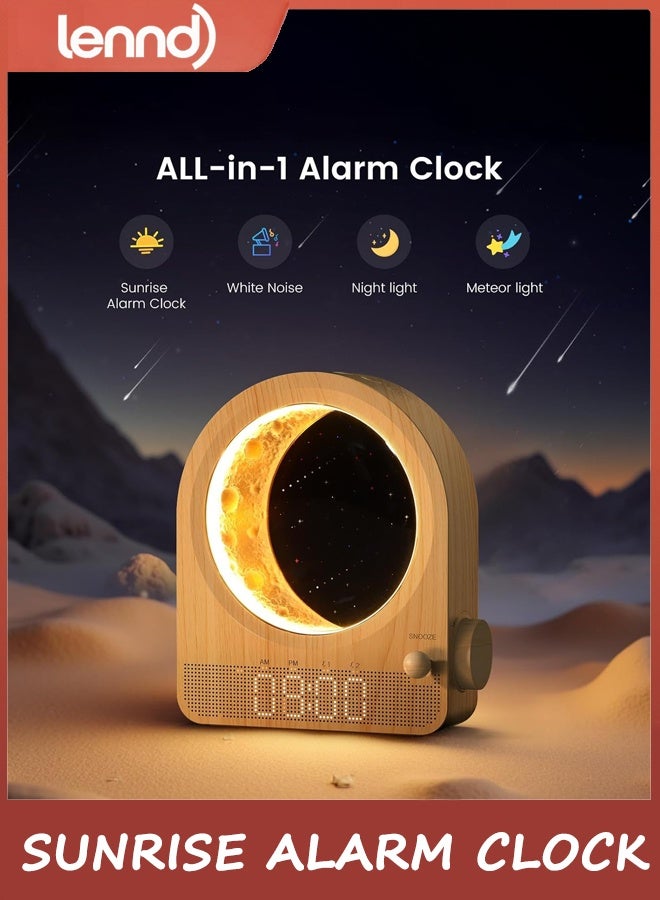 LENND Sunrise Alarm Clock, White Noise Machine & Meteor Moonlight - 10 Soothing Sounds, Dual Alarms, 30/60/90min Timer, Easy Snooze - Bedroom Gift for Insomnia Adults/Women - Wood Grain - Image 2